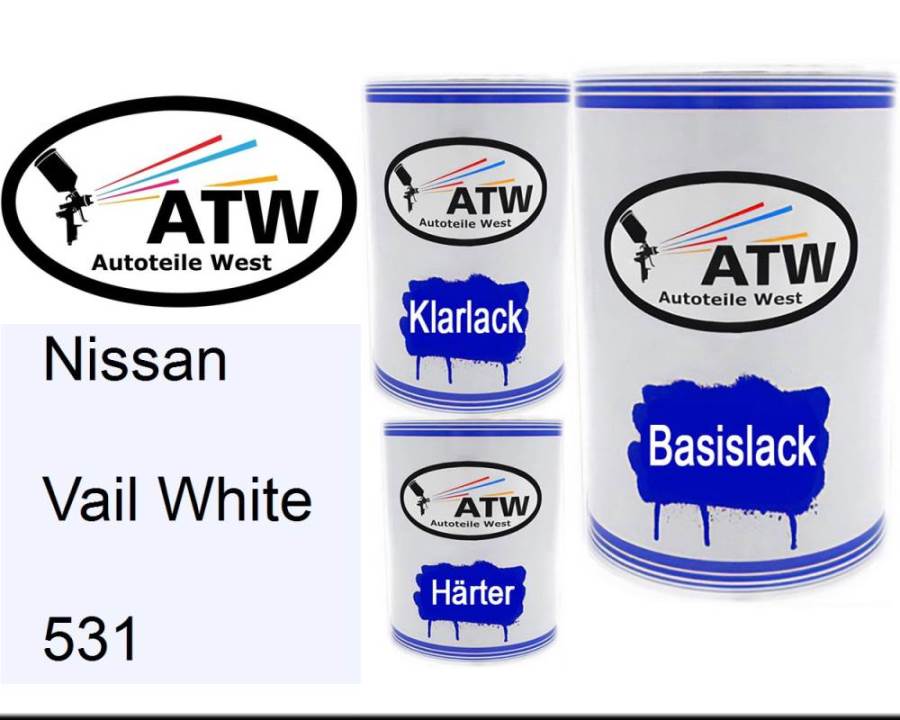 Nissan, Vail White, 531: 500ml Lackdose + 500ml Klarlack + 250ml Härter - Set, von ATW Autoteile West.